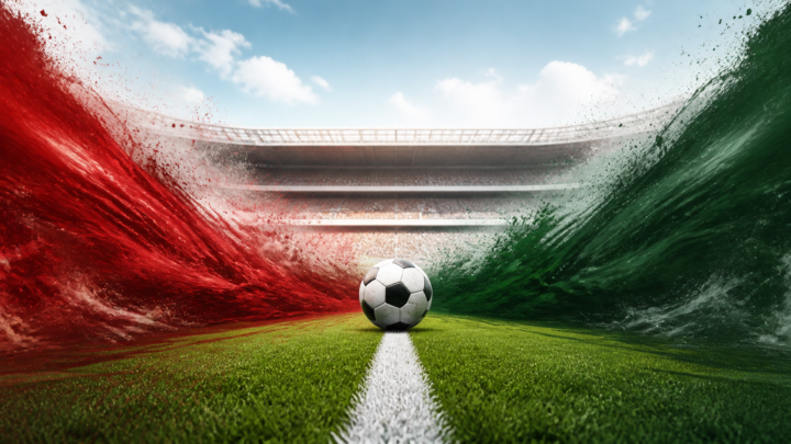 Ilustración de un balón sobre la línea central entre ondas rojas y verdes en un estadio