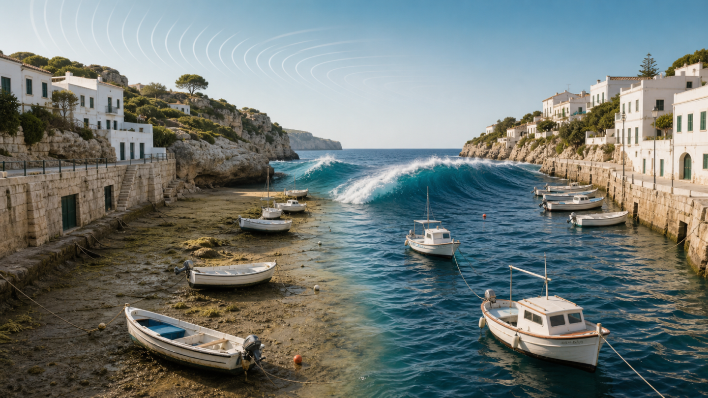 Ilustración de una rissaga en un puerto mediterráneo, con retirada y regreso rápido del agua