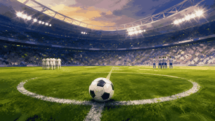 Ilustración editorial de un balón en el centro de un estadio, con un equipo de blanco y otro de azul y blanco al fondo.